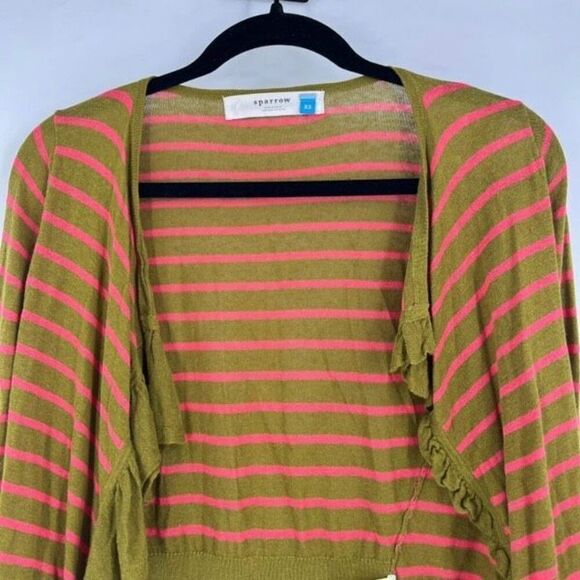 Anthropologie Sparrow Traveling Stripes Linen Cardigan XS Ruffles Green Pink‎ - Picture 3 of 10